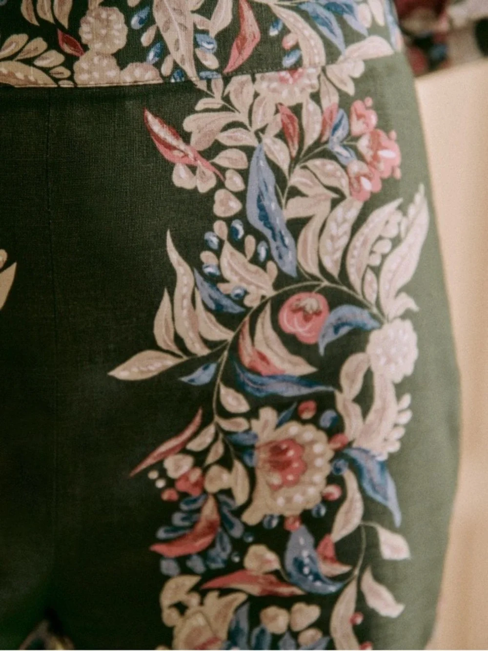 Sezane Tyler Floral Trousers High Waist Wide Leg Linen Cotton Olive Green Size 2